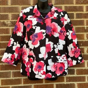 Alfred Dunner Light Weight Poly Jacket Button Down Floral 3/4 Sleeve Size 10